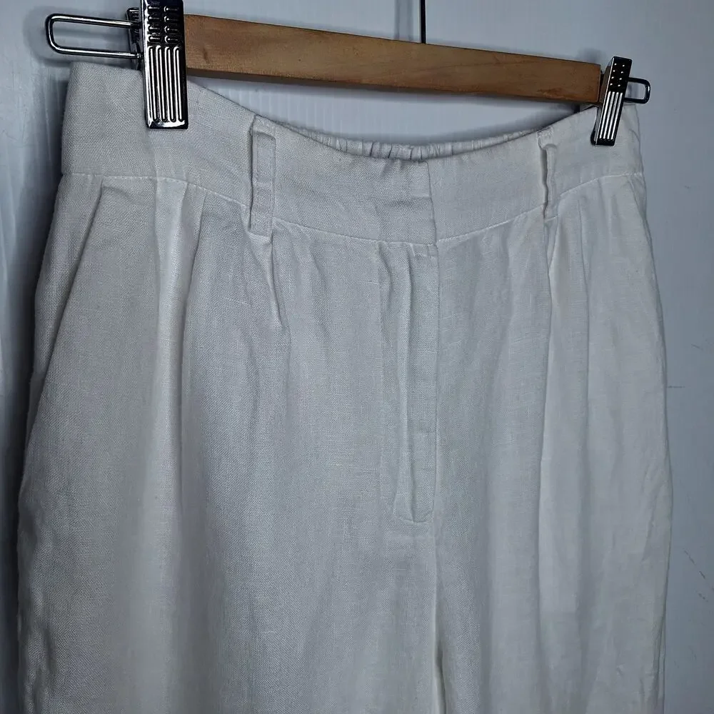 Quince 100% European Linen Pleated Trouser Pants 2 White Beachy Minimalist Lined